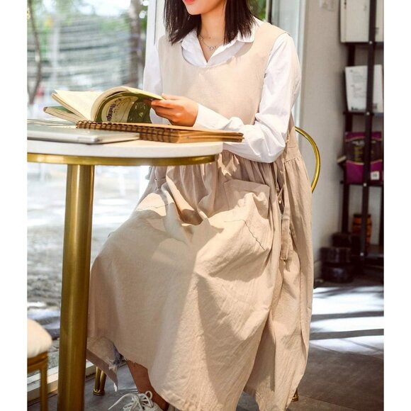 Women Plus Size Cotton Linen Vintage Pleated Split Apron Pinafore Dress with Two - Picture 6 of 9